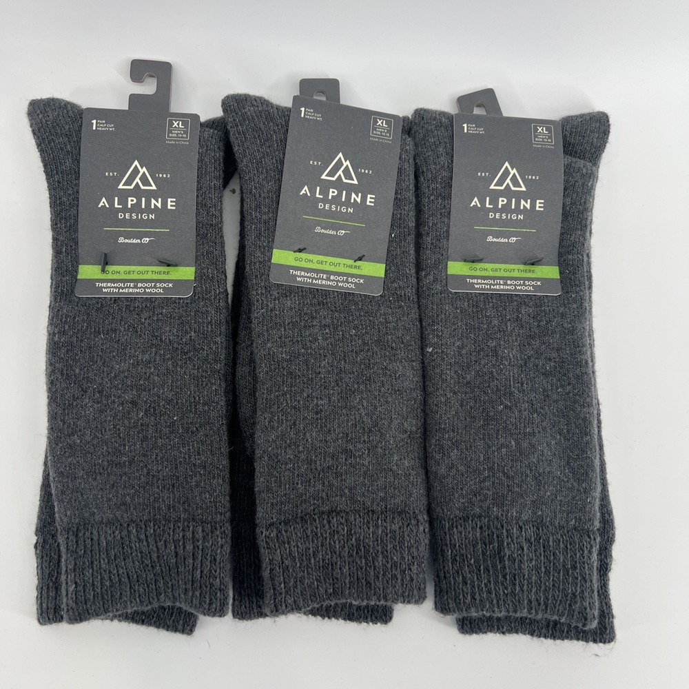 Alpine Design Men's Gray Merino Wool Blend Sock Bundle 3 Pairs Total XL 13-15
